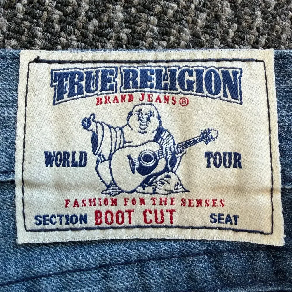 True Religion Boot Cut Denim Jeans Mens Faded Distressed Flap Pocket USA 38x34
